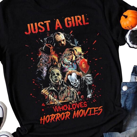 Just A Girl Who Loves Horror Movies T-Shirt Scary Halloween Graphic Tee 159 - Picture 2 of 5